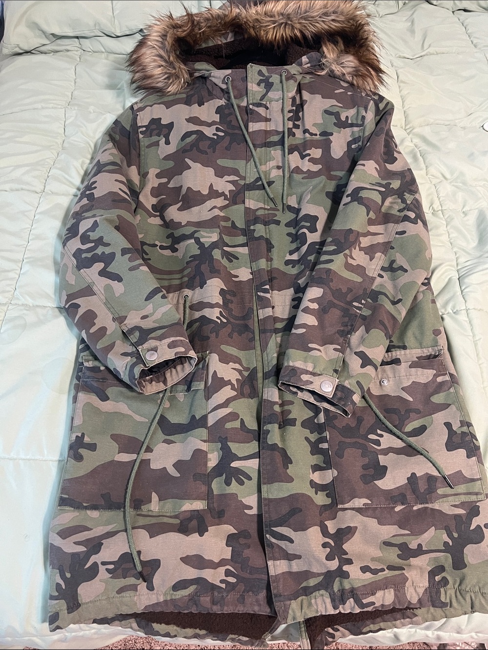 PacSun Camo Utility Parka with Faux Fur Hood - Green/Brown